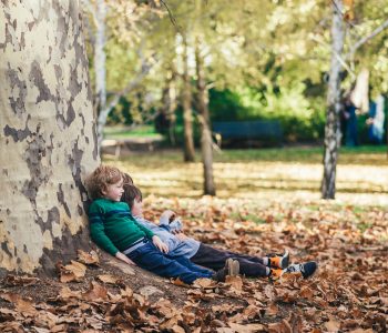 Zwei Jungen lehnen sich an einen Baum im Wald an. Zum Thema kostenlose Freizeittipps für Familien